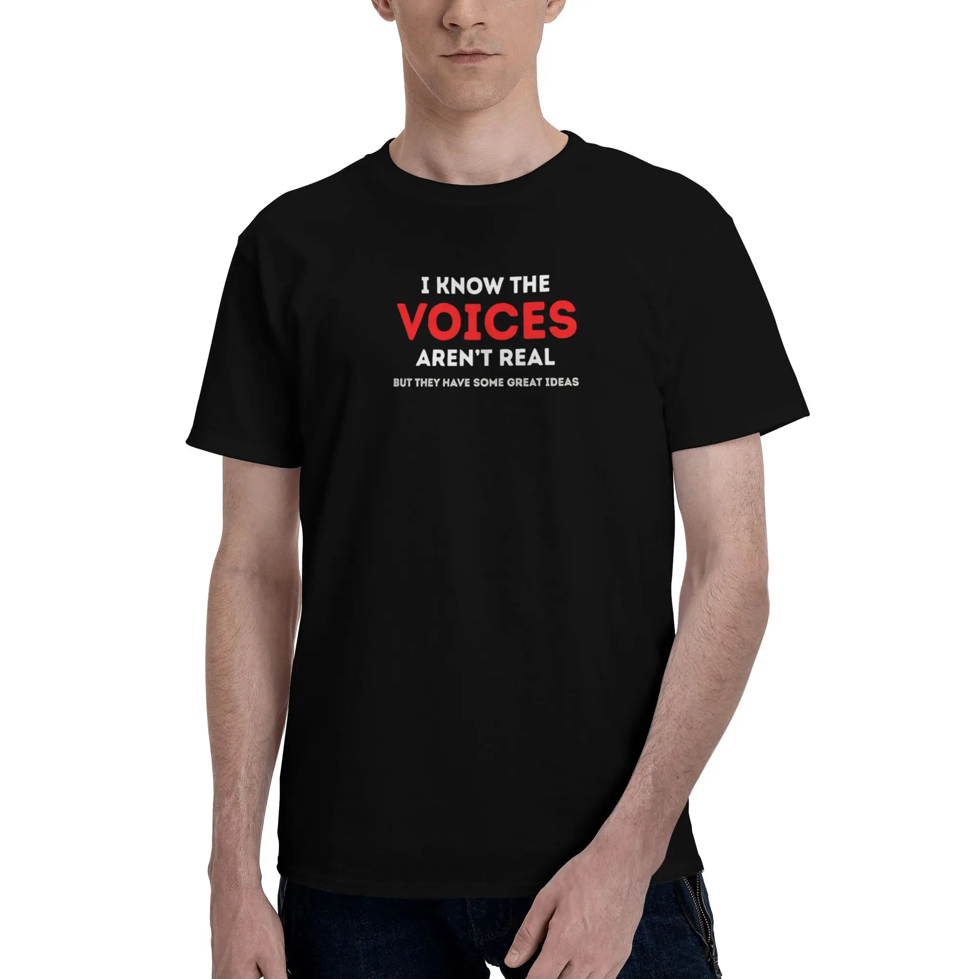 1 Piece Red Novelty 100% Cotton T-Shirt I Know The Voices Aren't Real Tops Tees For Men