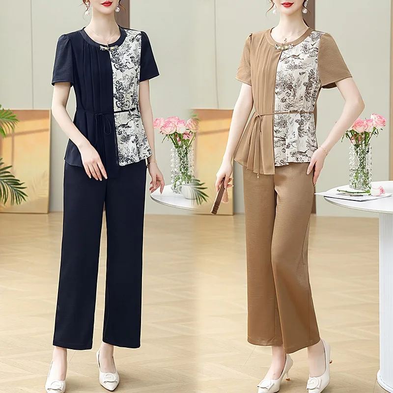 

Two Piece Sets Womens Outifits Chic Patchwork Pleated print Slim Tunic Shirt + High-waist Cropped Pants Office Lady 2pcs Set