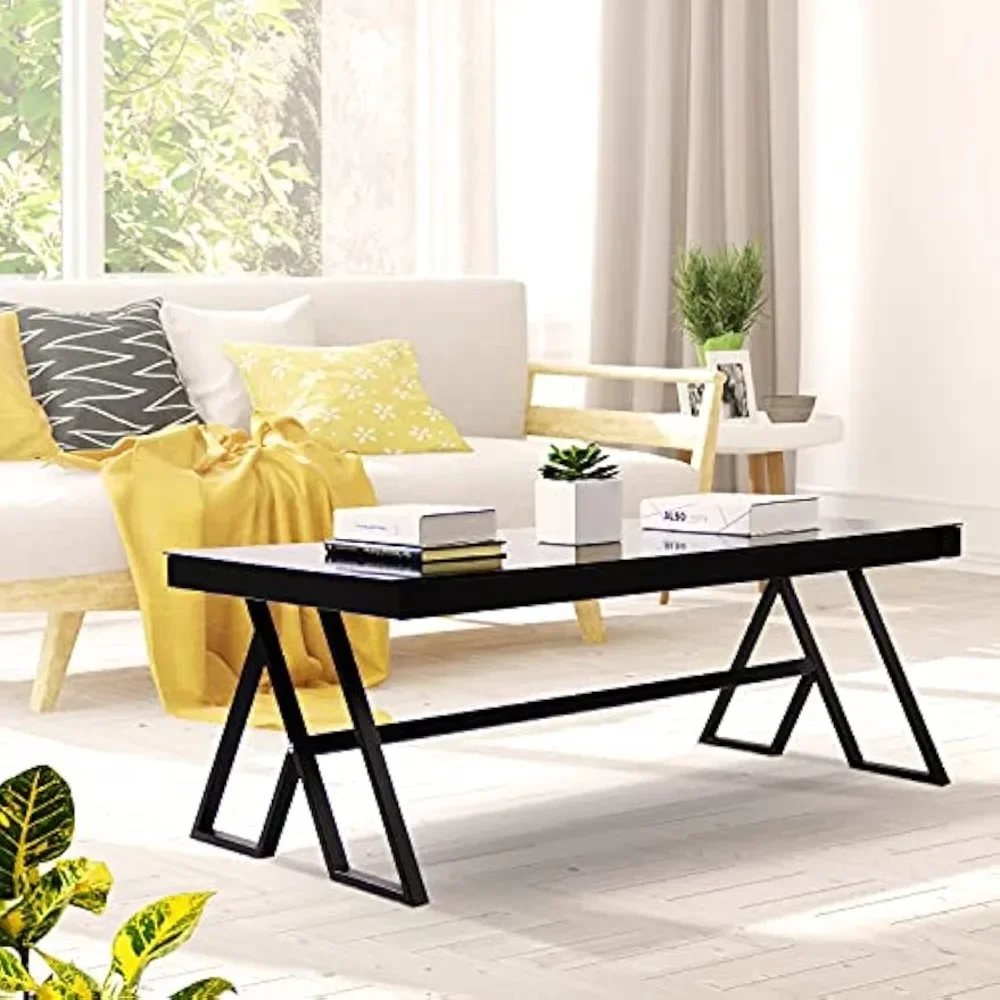 Tempered Glass Tea Table Coffee Table Cocktail Desk Table - Modern Steel Triangular Legs Living Room Desk Decor