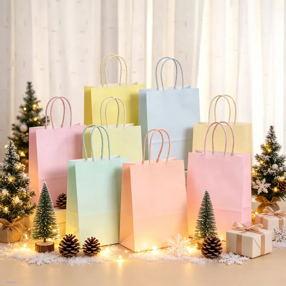 6-24 Pcs Pastel Kraft Paper Gift Bags with Handles Macaron Color for Wedding Birthday Halloween Christmas Party Favor Supplies