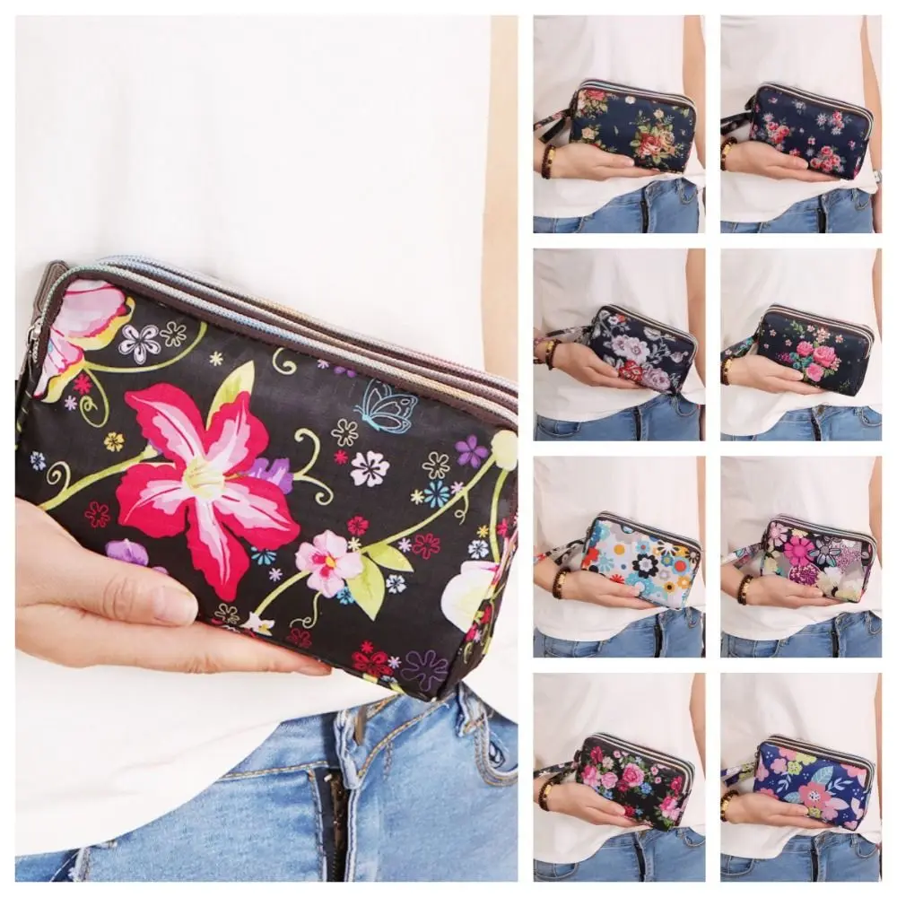 Fashion Flower Print Canvas Coin Purse Women Long Wallet Phone Bag Portable Zippers Small Handbag Makeup Bag Card Holder