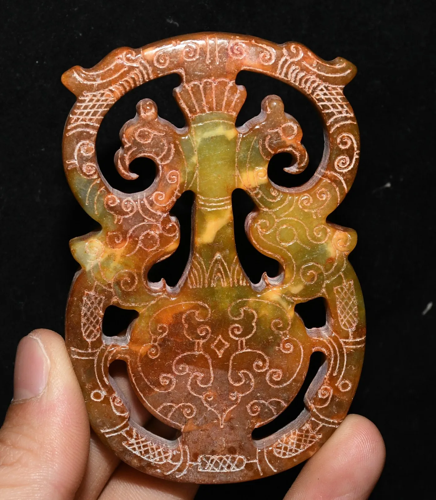 

Chinese old jade double dragon dragon beast face phoenix bird animal amulet pendant -