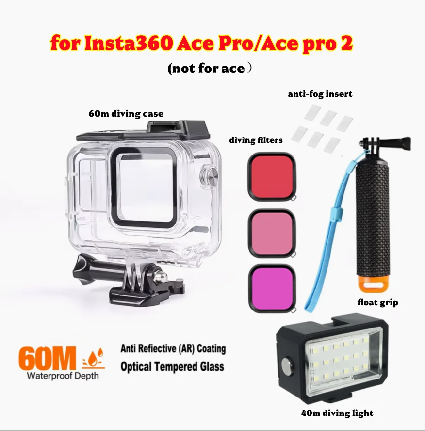 

Waterproof Case for Insta360 Ace Pro/Ace Pro2 with 3 Pack Dive Filters 45M Underwater Protective Housing Professional Dive Kit