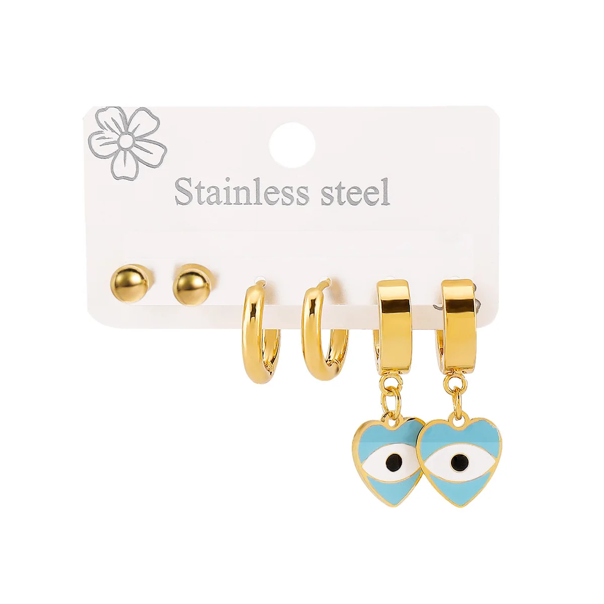 Stainless Steel Geometric Demon Eye Drop Earring Set, Retro Eye Versatile Stud Earrings and Hoops for Women
