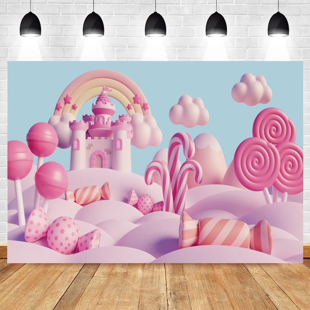 Candy World Backdrop Sweet Candyland Castle Lollipop House Baby Birthday Cake Smash Party Portrait Background Photo Studio Props