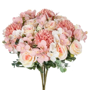 Artificial Flowers Rose Chrysanthemum Silk Bridal Bouquet Wedding Outdoor Arch Festival Home Room Vase Table Diy Gift Decoration 1