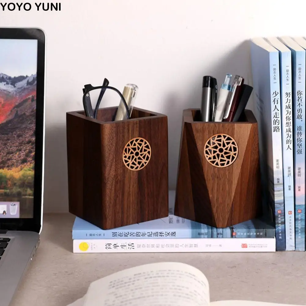 

Multiple Use Wooden Pen Holder Black Walnut Square Shape Marker Pen Storage Cup Vintage Practical Pen Container Office