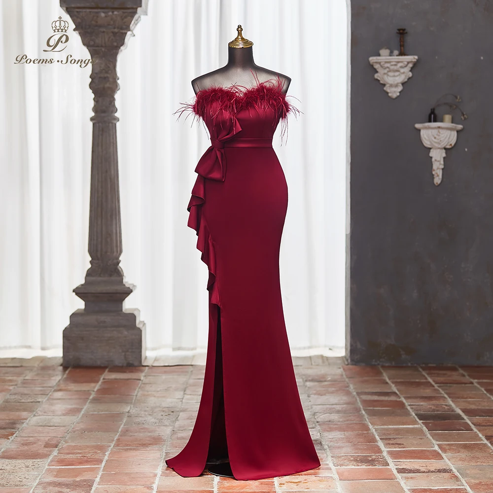 Glamorous Burgundy Strapless Evening Dress with Delicate Feather Trim and Ruffle vestidos de fiestas elegantes mujer