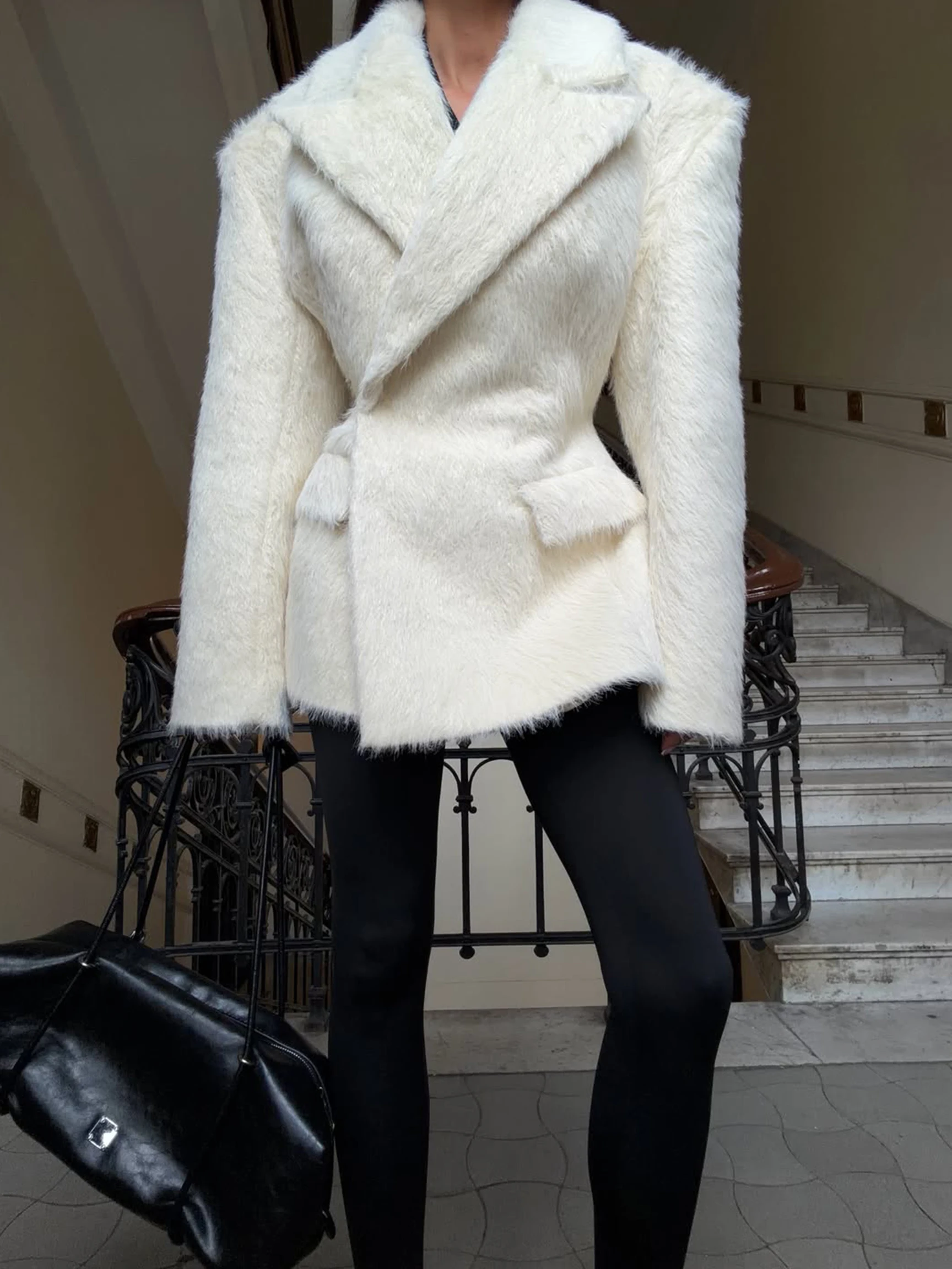 LIMO Slim Waist Women Faux Fur Blazer Lapel Double Breasted Fluffy Long Sleeve Outerwear