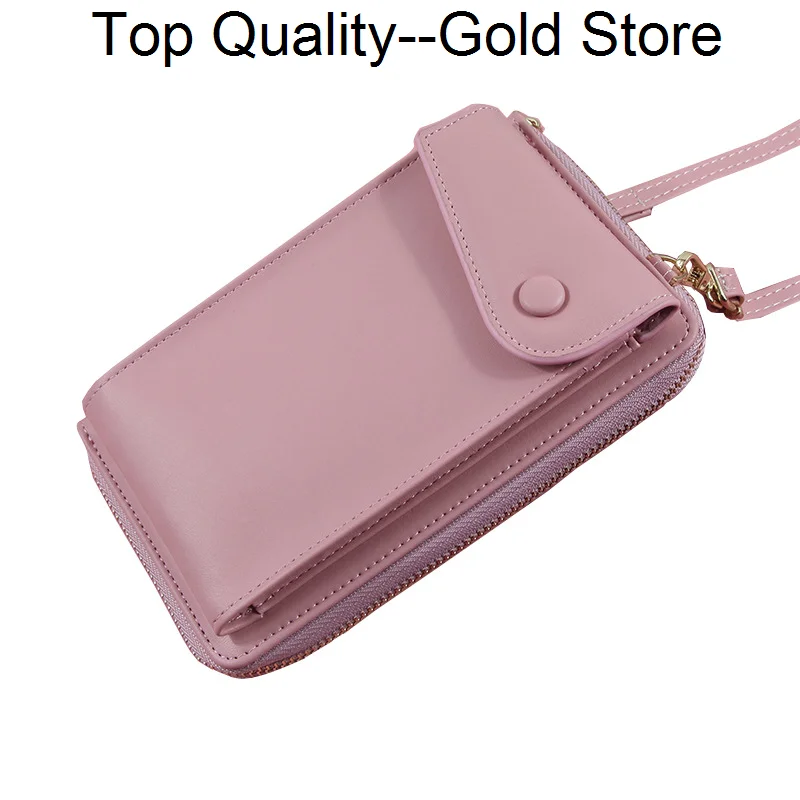 Women Wallet With Phone Pocket Solid Color PU Leather Coin Purse Shoulder Straps Bag Mobile Card Holders Handbag Girls