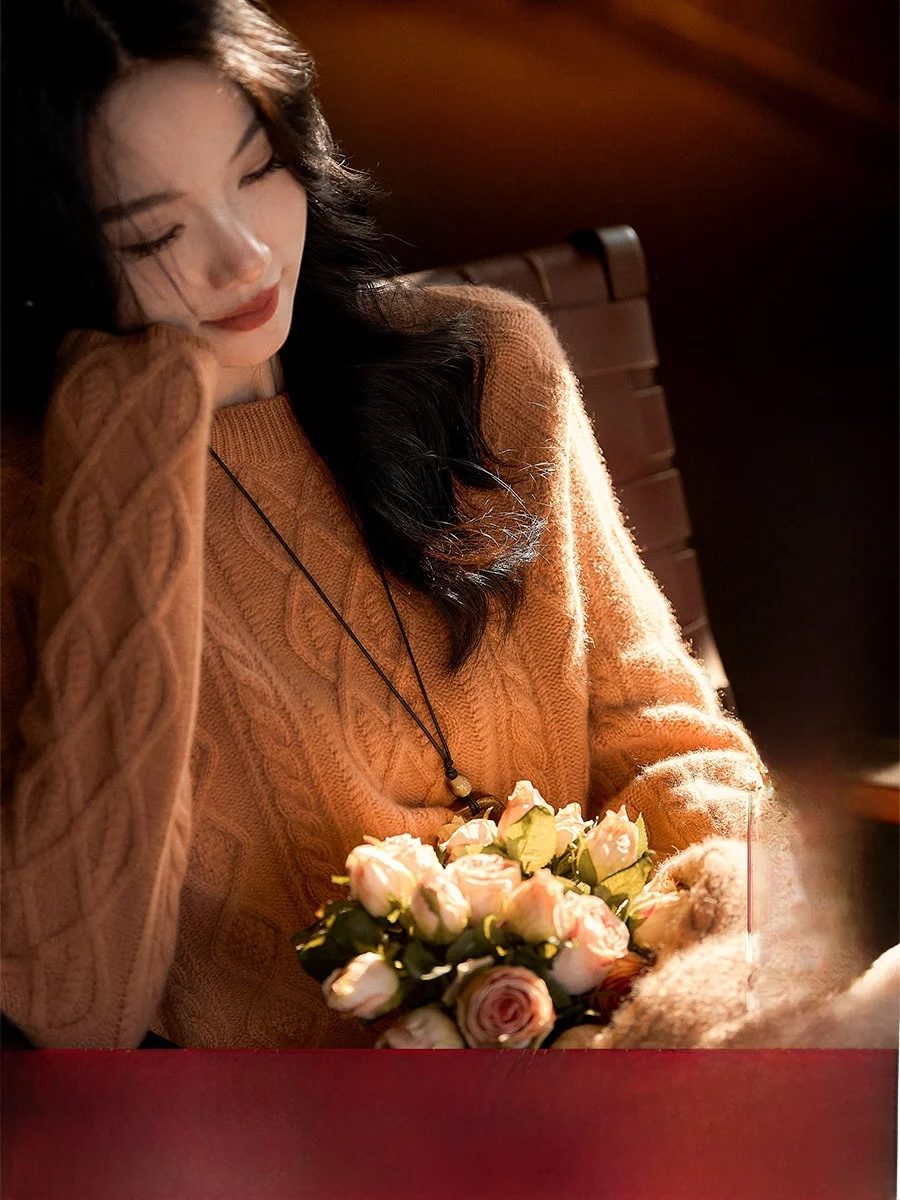 

Warm Orange Camere Knitted Top Cloud Weave Snow Proc Needle Transfer Flowered Goat Camere Knitted Upper Women's Faion