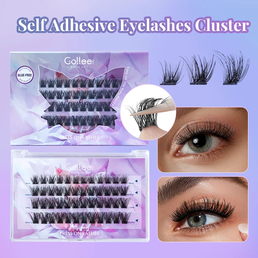 Gollee 48pcs Glue-Free False Eyelashes 24 Hours Single Cluster 10-16mm D-Curved Natural Self-Adhesive False Lash Reusable Makeup