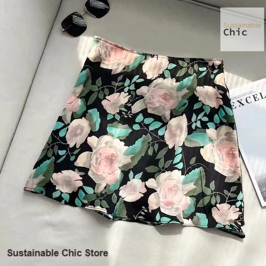 American niche luxury fashion design floral print skirt female summer sweet plus size high waist slim A word long casual skirt.
