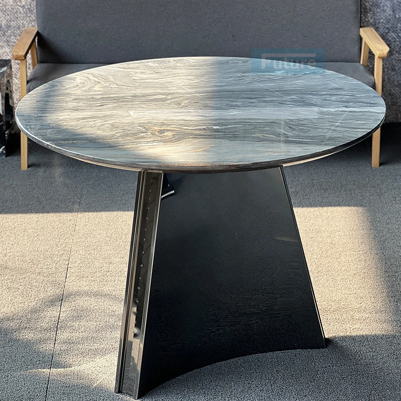 

Modern 100% Natural Stone Marble Round Top Dining Table Set with Metal Plinth for Villa Hotel Restaurant Use