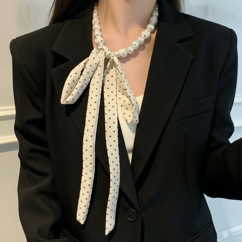 Fashion Accessories Vintage Style Pearl Necklace Scarf Ribbon Hair Band Waist Chain Adjustable Sweet Polka Dots Scarf Party