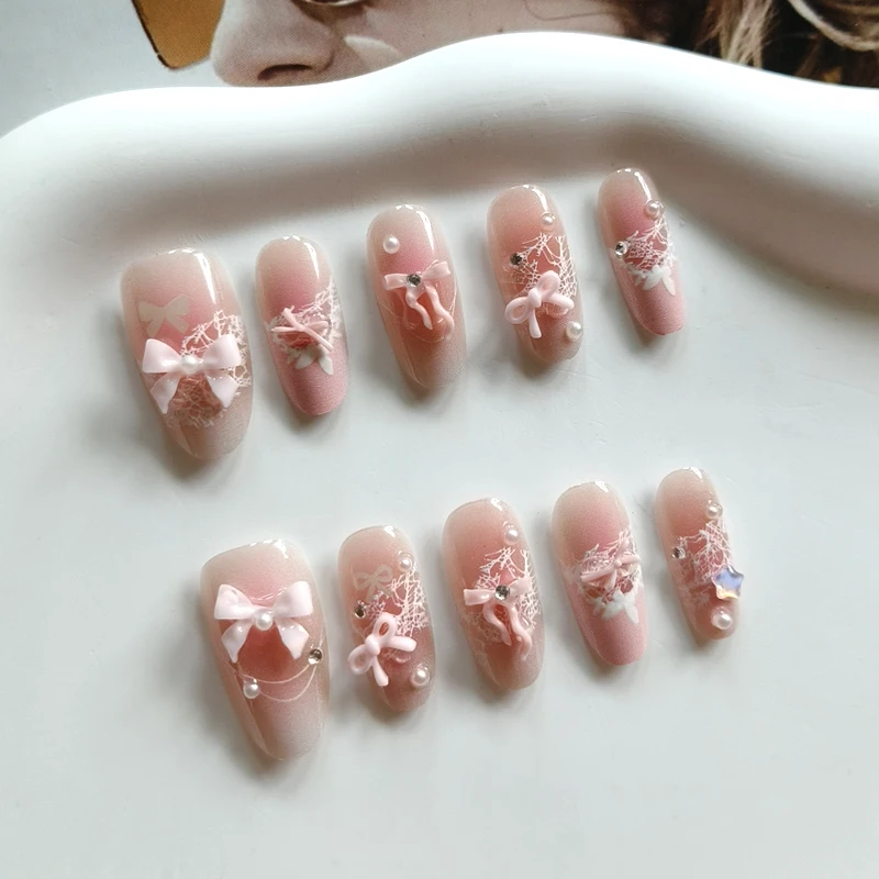 10Pcs French Style 3D Bowknot Rhinestone Lace Polka Dots Design Handmade Press on Nails Almond Shape Love Gentle Fake Nails view 5