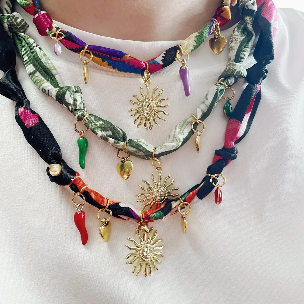 Golden Sun Charms Scarf Necklace Adjustable Choker with Heart, Cross, Pearl, Tulip, Cherry, Vintage Jewelry Gift view 2