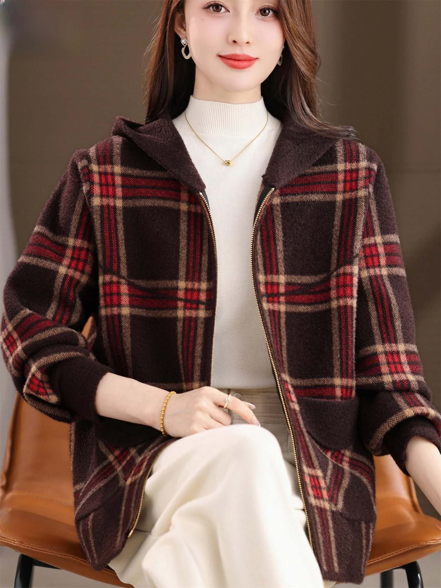 

Sli Woolen Coat for Mothers Autumn Winter Casual Loose Fit Zipper Hooded Sweater High Quali Warmth Comfortable ly ...