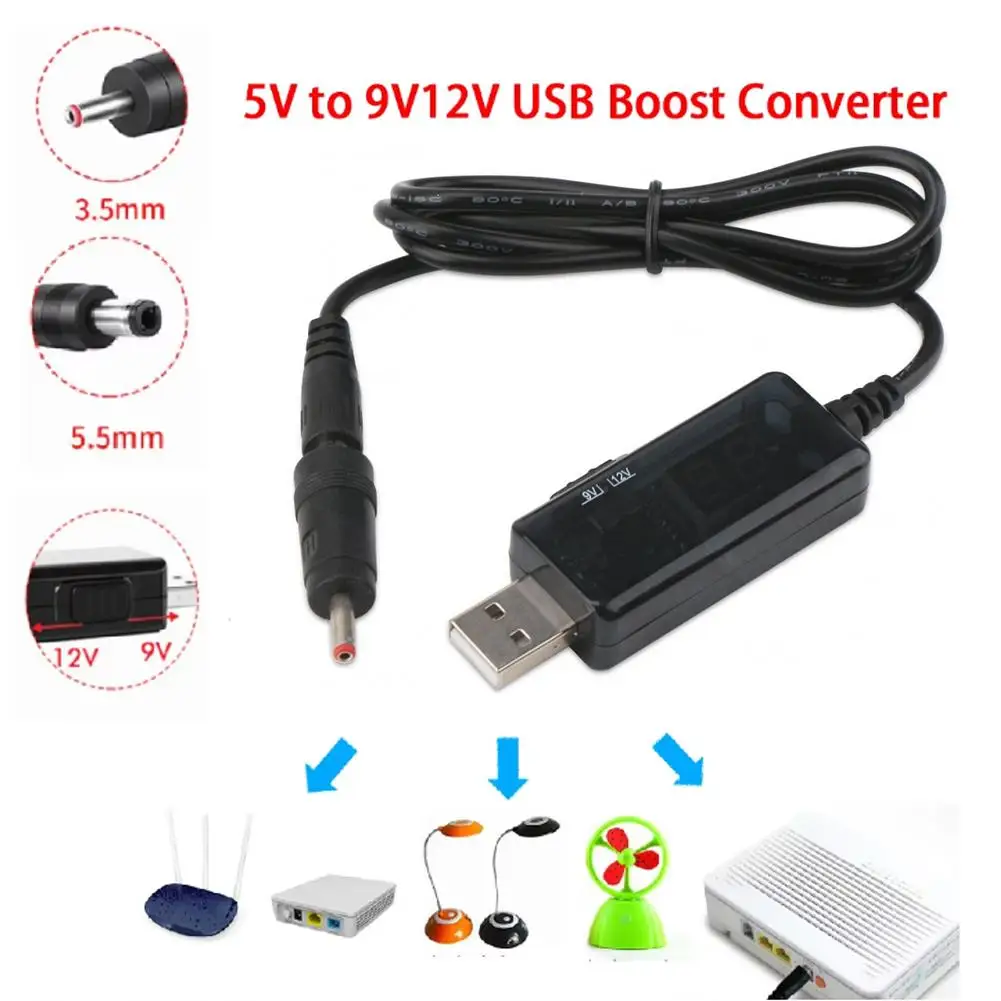 USB 5V to DC 9V 12V Step Up Cable Adjustable Voltage Converter Cable with LED Display Connector Cable for Router Modem