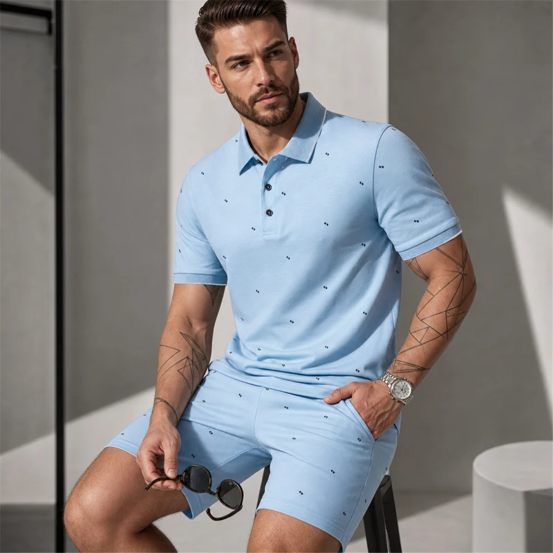 Men Mini Geometric Dot Print Polo Shorts 2Pcs Set ,Summer Casual Button Tee Elastic Drawstring Pocket Five Inch Sports Tracksuit