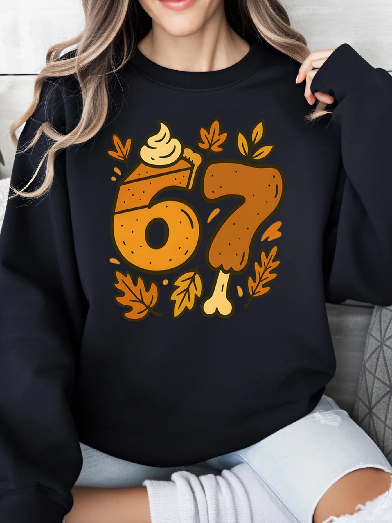

Thanksgiving Pie and Turkey 67 Print Sweatshirt Women Casual Autumn Holiday Wear Black Plus-Size