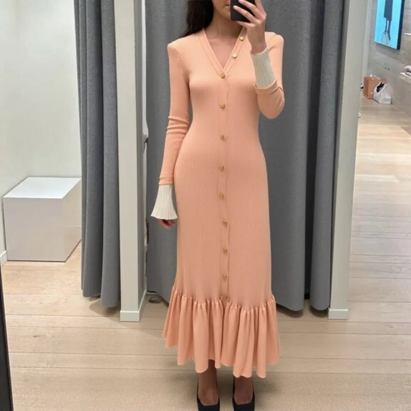 

Весенне-осеннее женское сексуальное платье с V-образным вырезом и одной пуговицей, элегантное вязаное платье-русалка с длинными рукавами, модель Bocydon, Vestidos