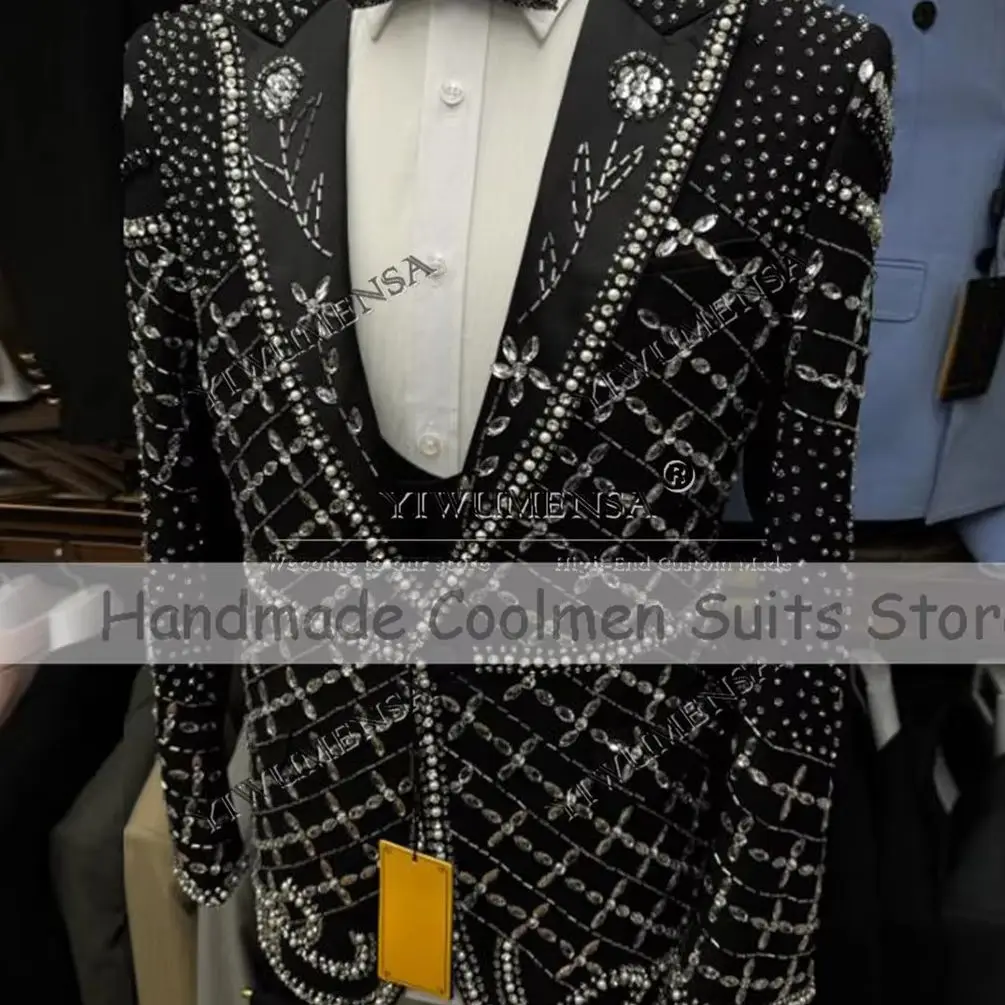 

Luxury Jewelry Ornament Stoned Suits Men Single Breasted Jacket Pants 2 Pieces Groom Wedding Tuxedos