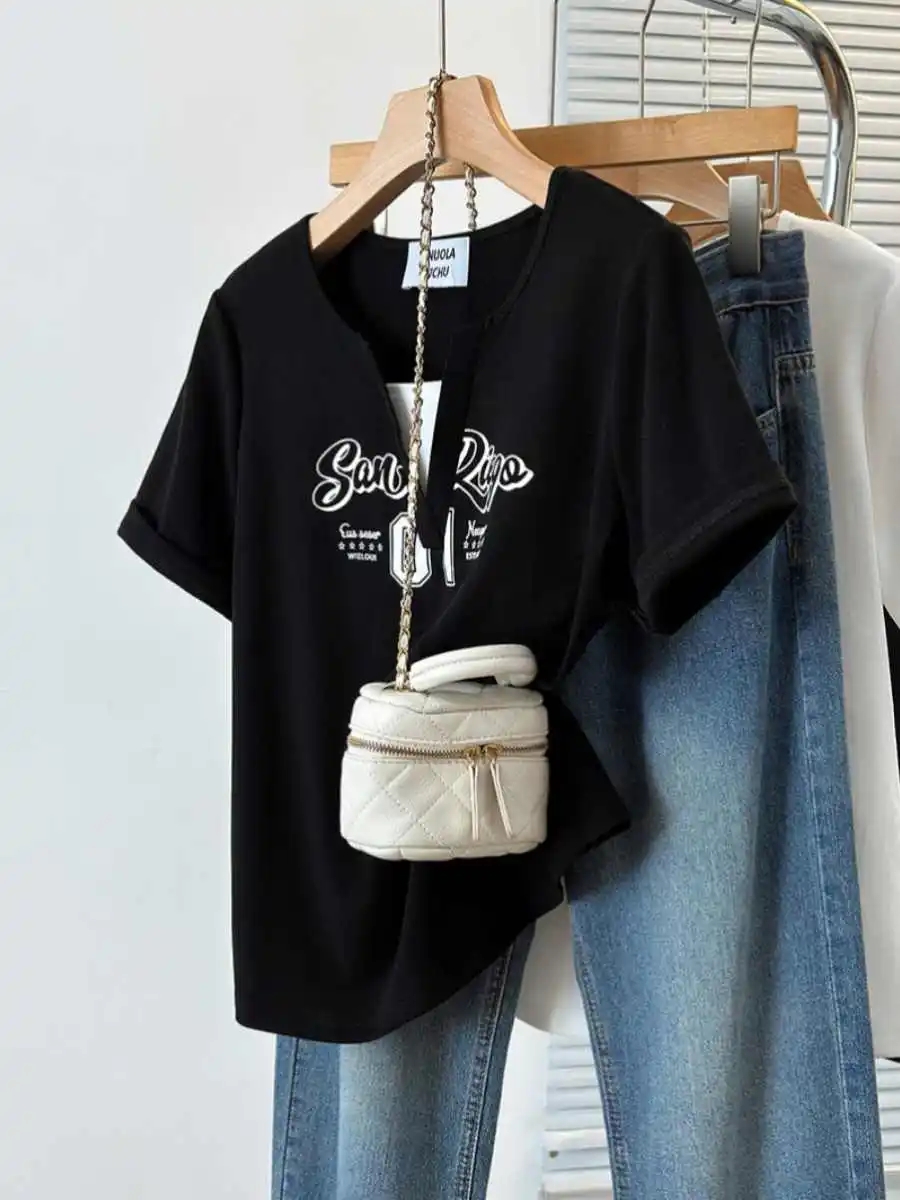 Sommer Brief Gedruckt Fake2 stück T-shirt Frauen V-ausschnitt Spleißen Kurzarm T-shirts Casual Retro Mode Lose Tops