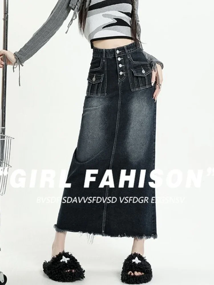 A-line Denim Skirts Women Korean Style Blue Solid Vintage Maxi Casual All-match Elegant Streetwear Design Tassel High Waist Chic