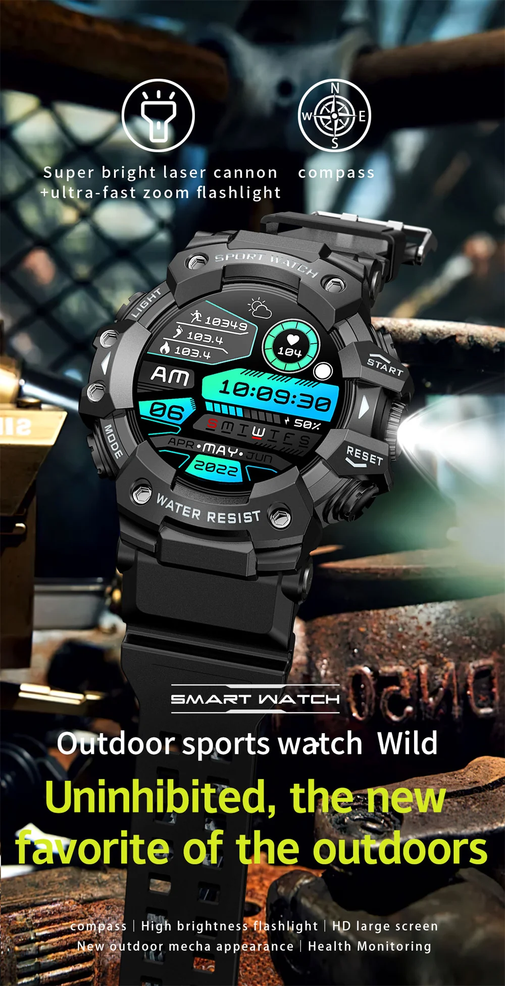 Inteligentny zegarek wodoodporny męski kompas sportowy latarka LED Smartwatch tętno zdrowie monitor snu zegarek Bluetooth SOS LC21