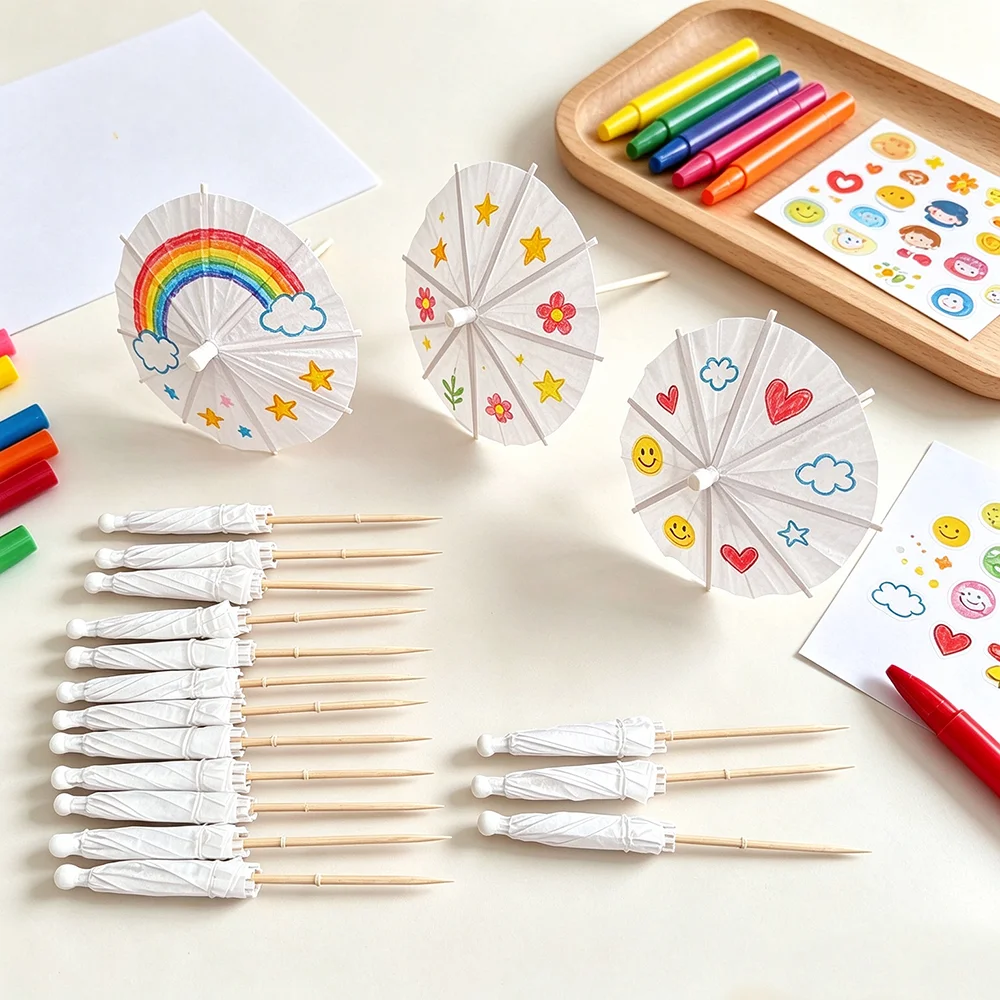 50Pcs White Umbrella Graffiti Cocktail Drink Picks Food Fruit Bamboo Toothpick Dessert Cake Stick for Wedding Theme Party Decor - view 6
