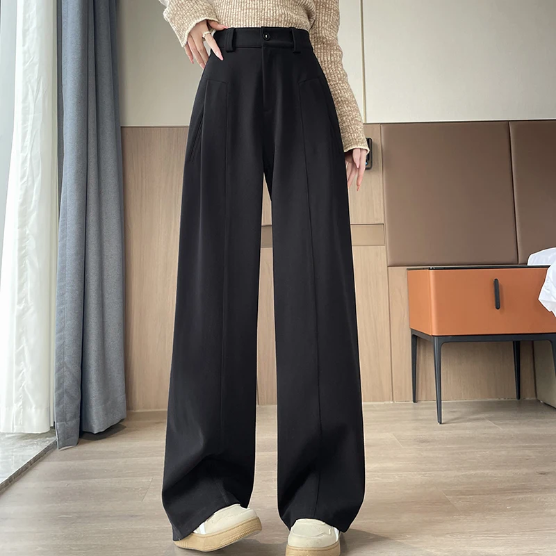 Autumn Winter New Wool Blend Warm Pants for Women Elastic Waist Wide Leg Straight Trousers Korean Fashion Pocket Straight Pants