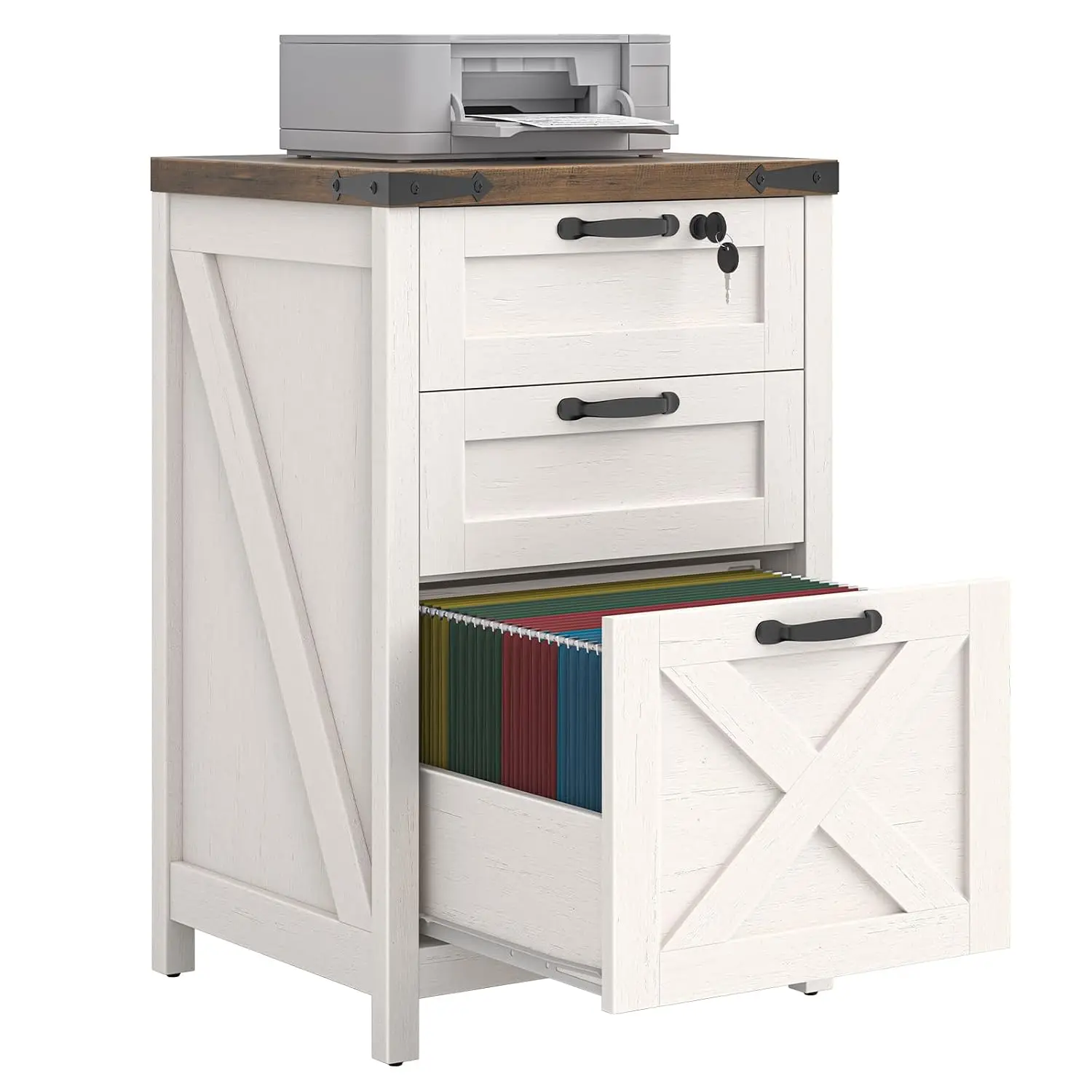 Farmhouse 3 Drawers File Cabinet with Lock for Home Office, Rustic White, Customized