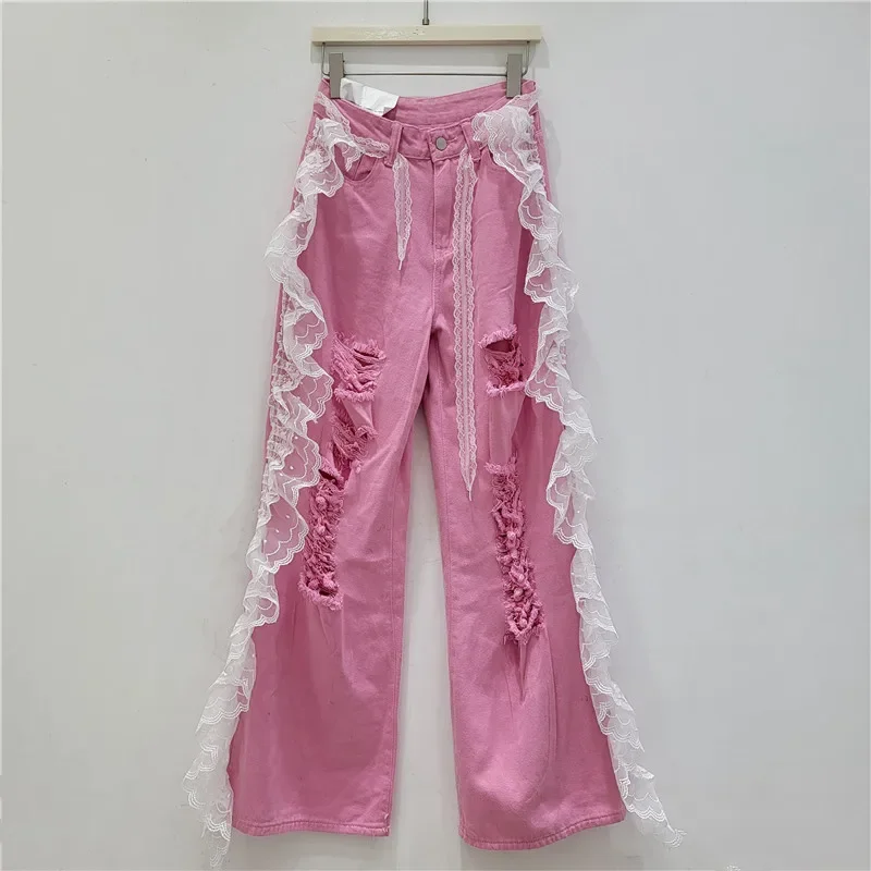 

Fashion Women's Jeans Broken Holes High Waist Splice Lace Colorful Straight Wide Leg Denim Pants Trendy New 2025 Summer Trousers