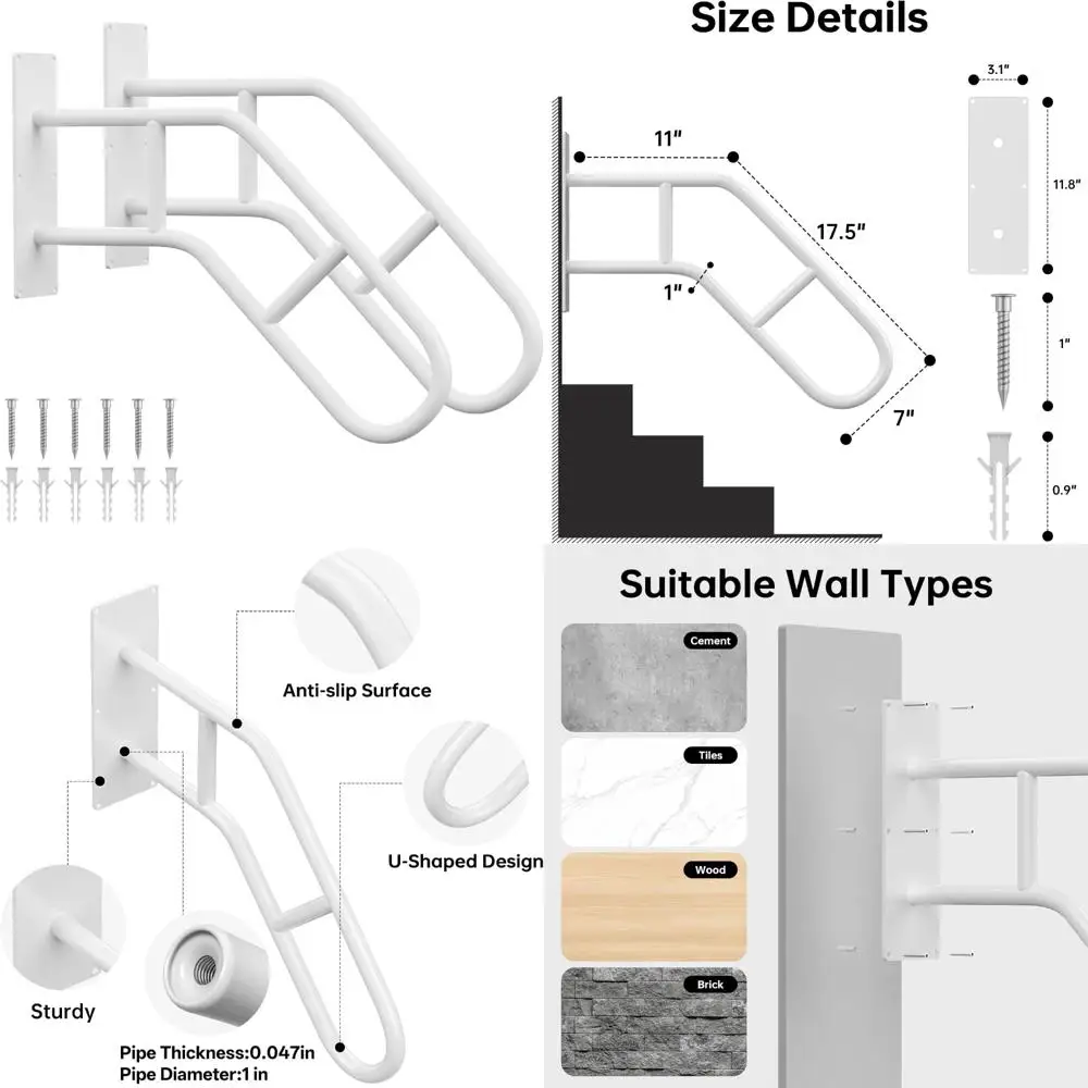درابزين للدرج الخارجية لكبار السن، درابزين مثبت على الحائط على شكل حرف U، مثالي للشرفة، سطح السفينة، المرآب، الحديقة، عبوتان من قضبان الإمساك #6