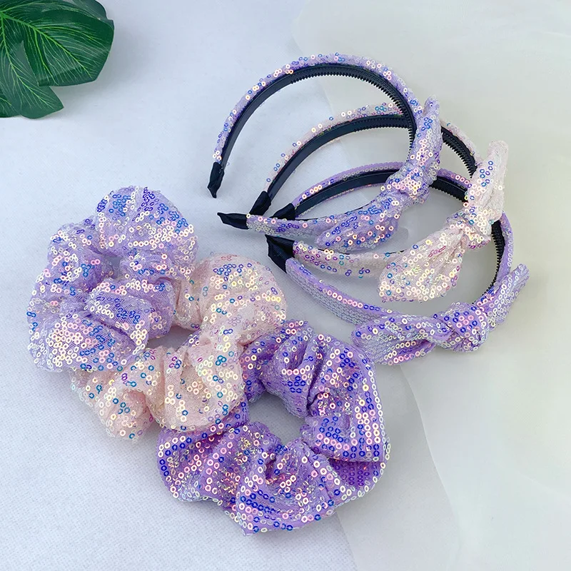 Dreamy Sequin Yarn Headband Scrunchies Purple Mermaid Princess Crystal Ball Knotted Shinning Lace Bow Hair Accessory Head Wrap