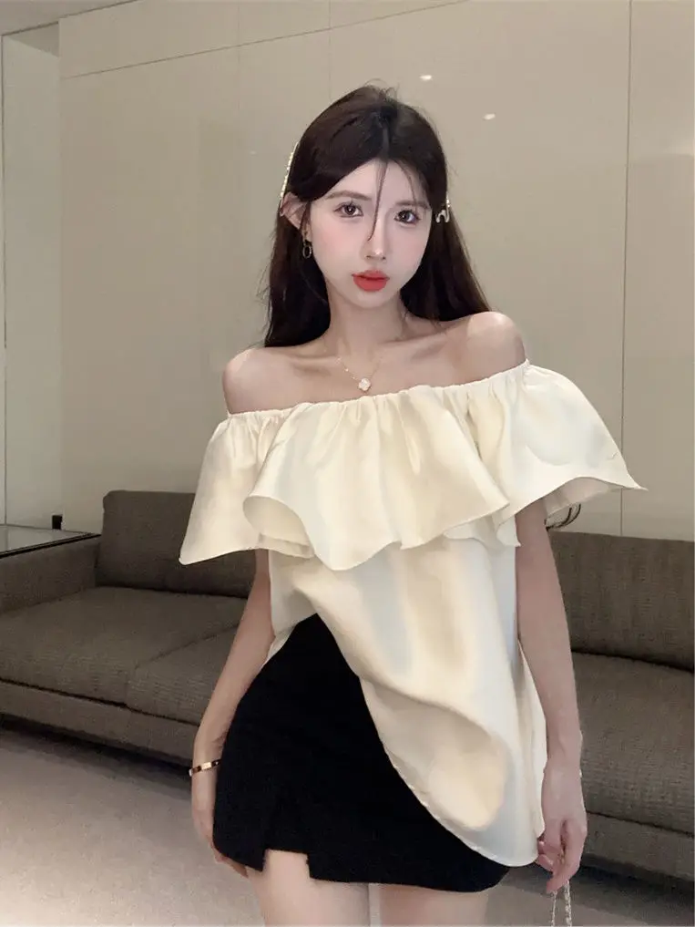 Puro estilo hong kong solto de uma letra gola de folha de lótus camisa de cetim temperamento high-end versátil quente menina topo