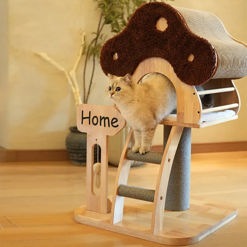 Small solid wood mushroom B cat climbing frame nest rubber wood cat grinding claw column corrugated  pet supplies