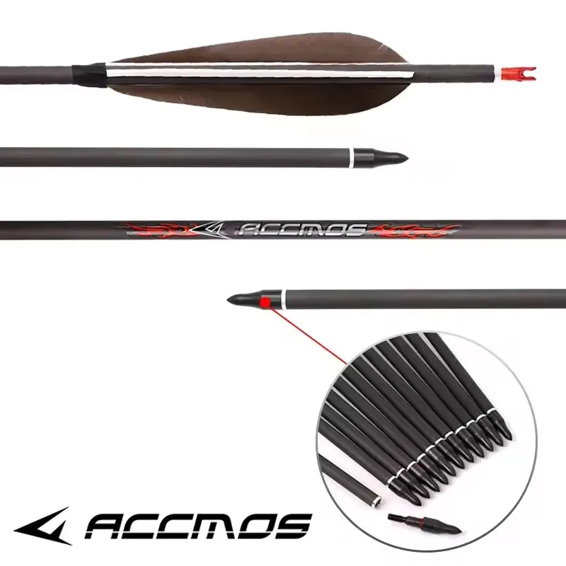 ACCMOS 33inch Pure Carbon Arrows ID6.2mm Spine 250/300/350/400/500/600/700/800 5inch Turkey Feather Recurve/Compound Bow Hunting