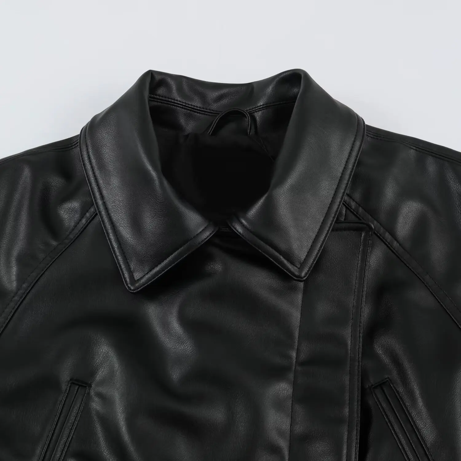 KASLEAD New Women's High-End Leather Effect Belted Jacket 4341843 Long Sleeve Short Style Polyester Fiber 100%