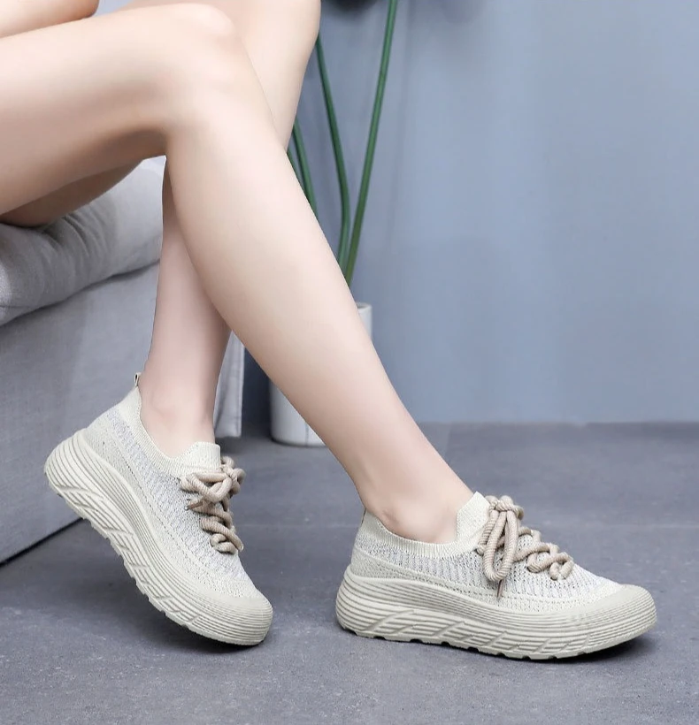Damen-Sneaker mit Strickmuster, Mesh-Einsatz und Schnürung, dicke Plateausohle, atmungsaktiv, leicht, rutschfest, für Freizeit, Sport und Spaziergänge, ideal für den täglichen Gebrauch im Freien. – Detail 12