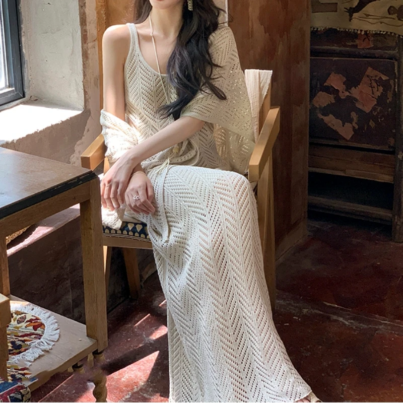 Ele Hollow out Knitted Tank Top  Skirt And awl Tee Piece Set for Women Summer New Sle Commute Loose Fit Regular...