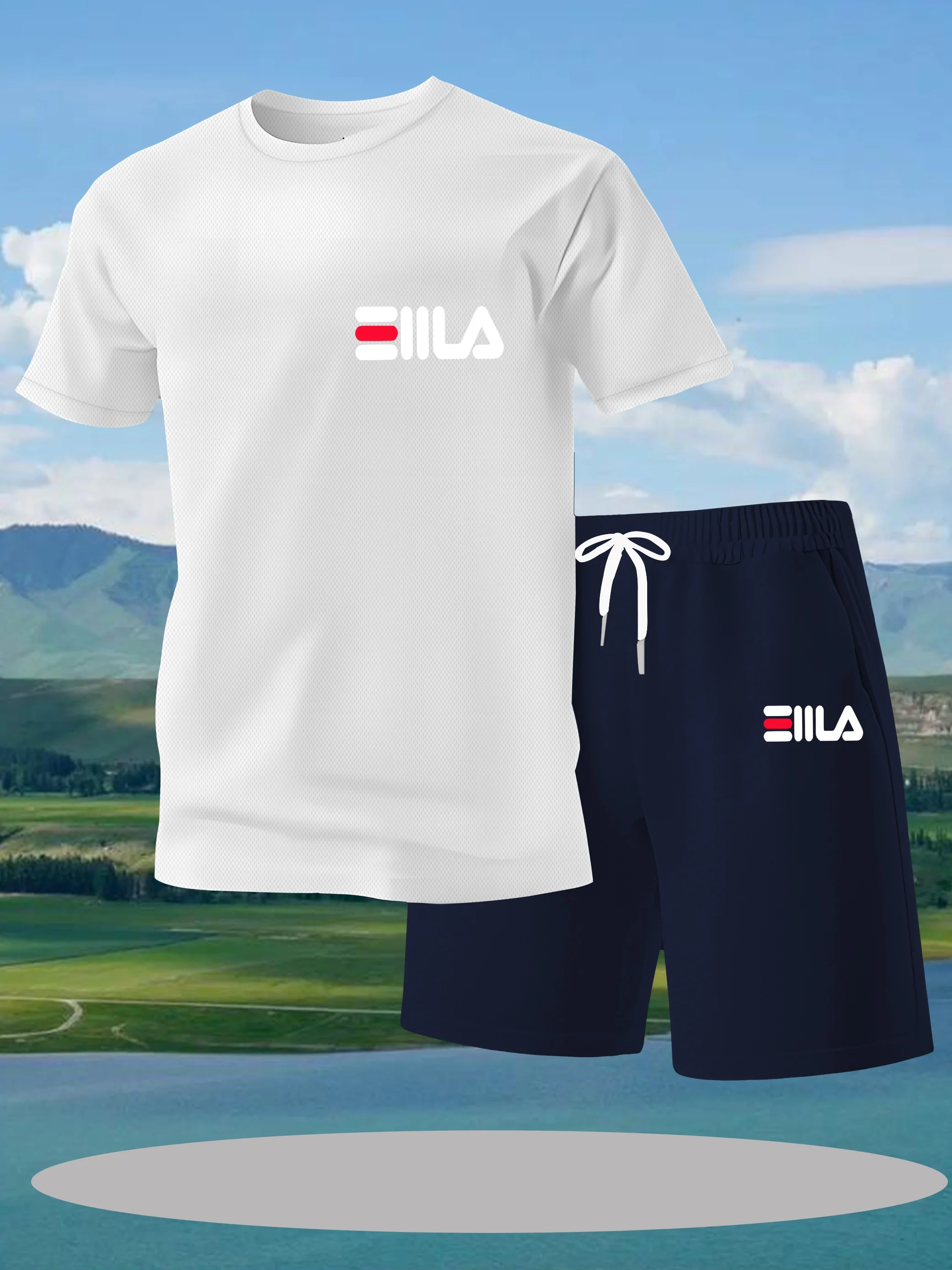 

Men's summer fashion set, made of polyester fabric, breathable for summer, lightweight and quick set, short sleeved T-shirt and