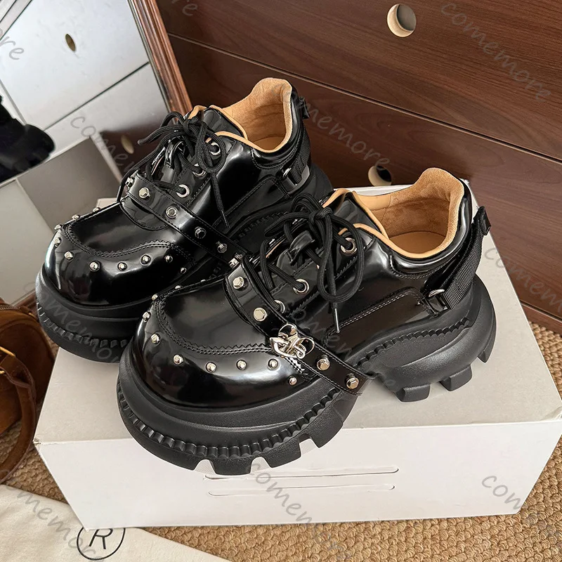 

Comemore 2026 New Gothic Patent Leather Platform Shoes for Women Rivets Buckle Strap Height Increase Punk Style Sneakers Shoes
