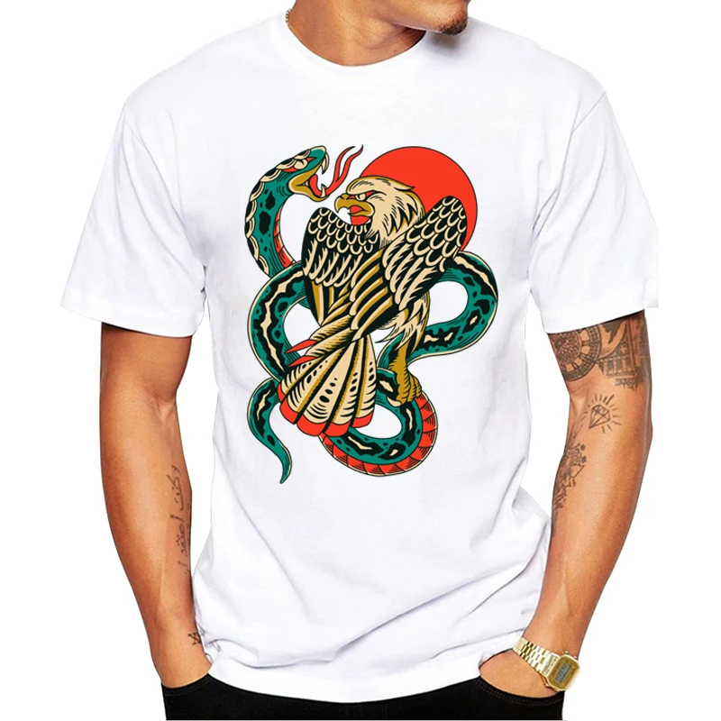 

TEEHUB Funny Relentless Battle Men T-Shirt Eagle Snake Printed Tops Vintage Design Tshirts Short Sleeve t shirts Essential Tee