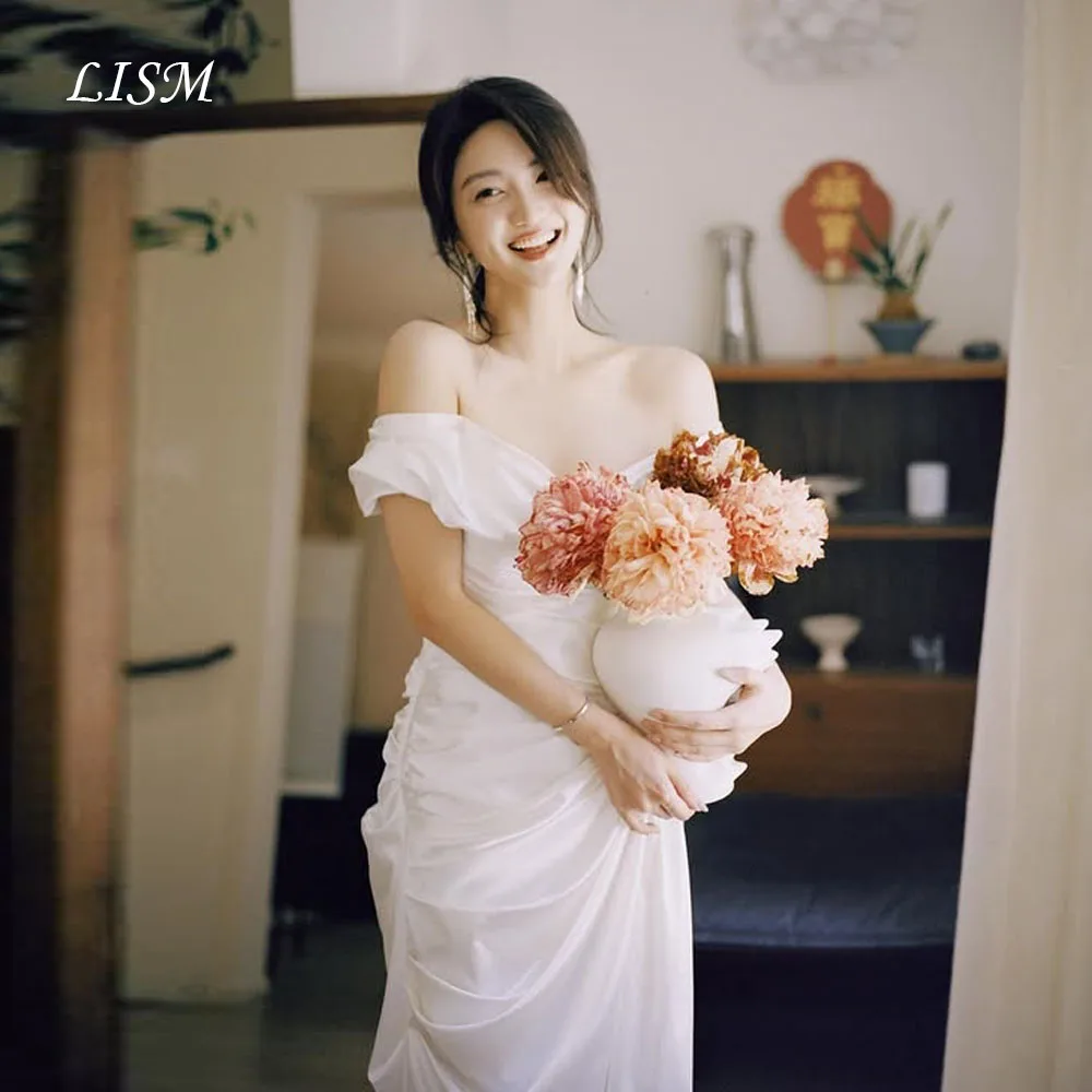 LISM قبالة الكتف حورية البحر كوريا فساتين الزفاف عالية لحم الخنزير الحرير الساتان فساتين زفاف تخصيص الزفاف الكورسيهات تبادل لاطلاق النار الصورة