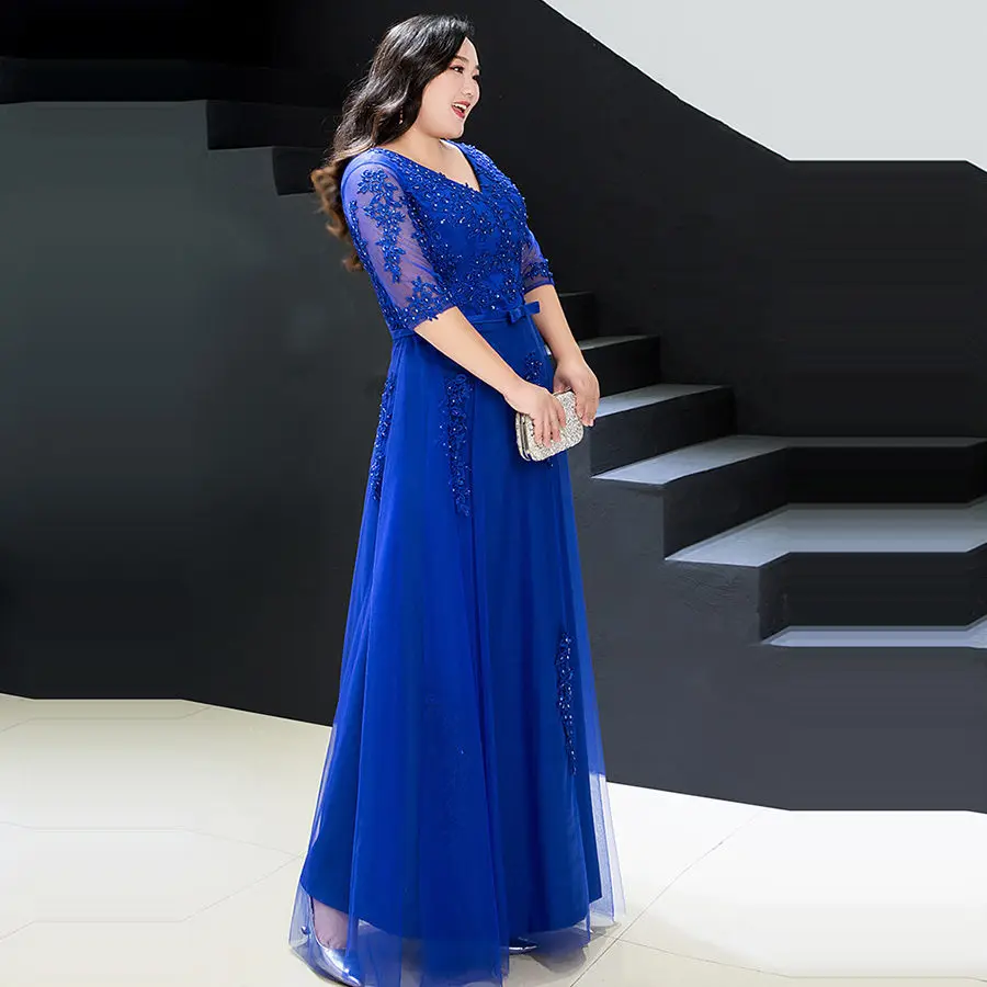 Evening Dress Royal Blue Beading T357 V-Neck Robe De Soiree Half Sleeves A-line Floor Length Plus size Women Party Formal Gown