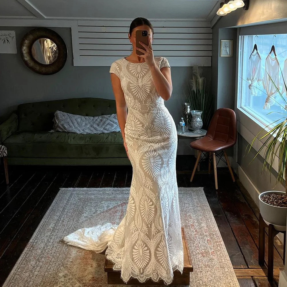 Lace Mermaid Wedding Dresses Cap Sleeves Long Wedding Bride Dress O-Neck Special Sexy Dress For Wome 2024 Vestidos De Novia