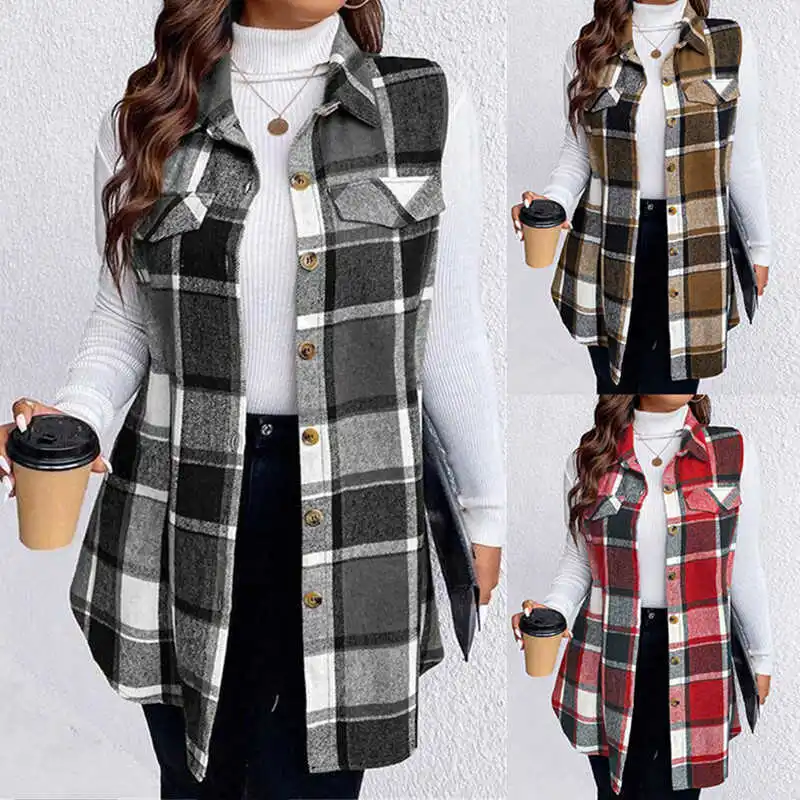 

Женский повседневный жилет в клетку больших размеров, осенне-зимний, из полиэстера, для повседневной носки, средней длины, на одной пуговице