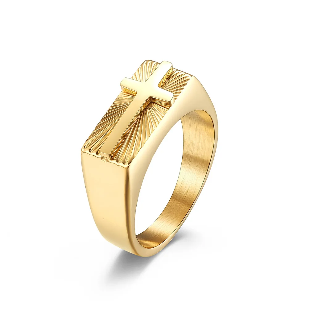 Punk Rock Titanium Steel Holy Light Cross Rings Devout Faith Christianity Ring for Men Jewelry Size 7-12